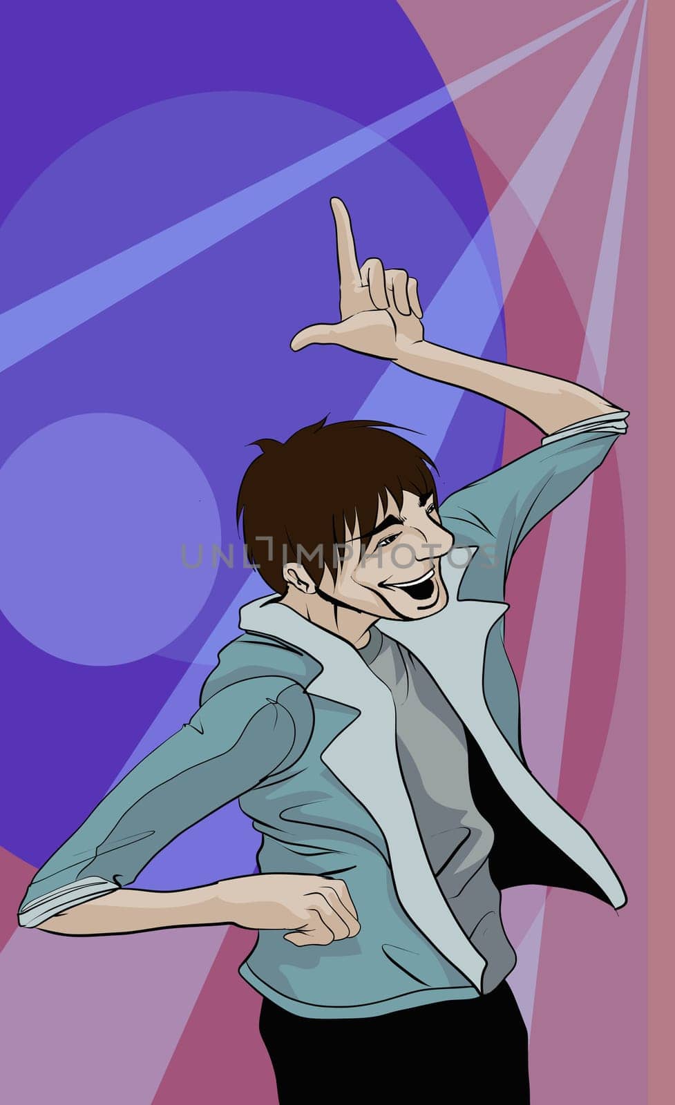 Man smiling and pointing upwards
