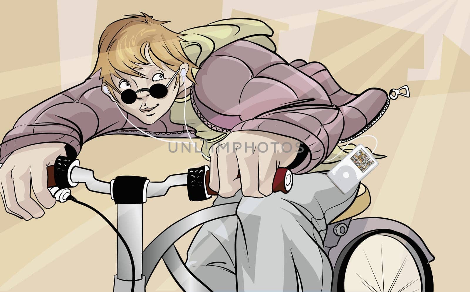 Boy riding a bicycle and listening to music