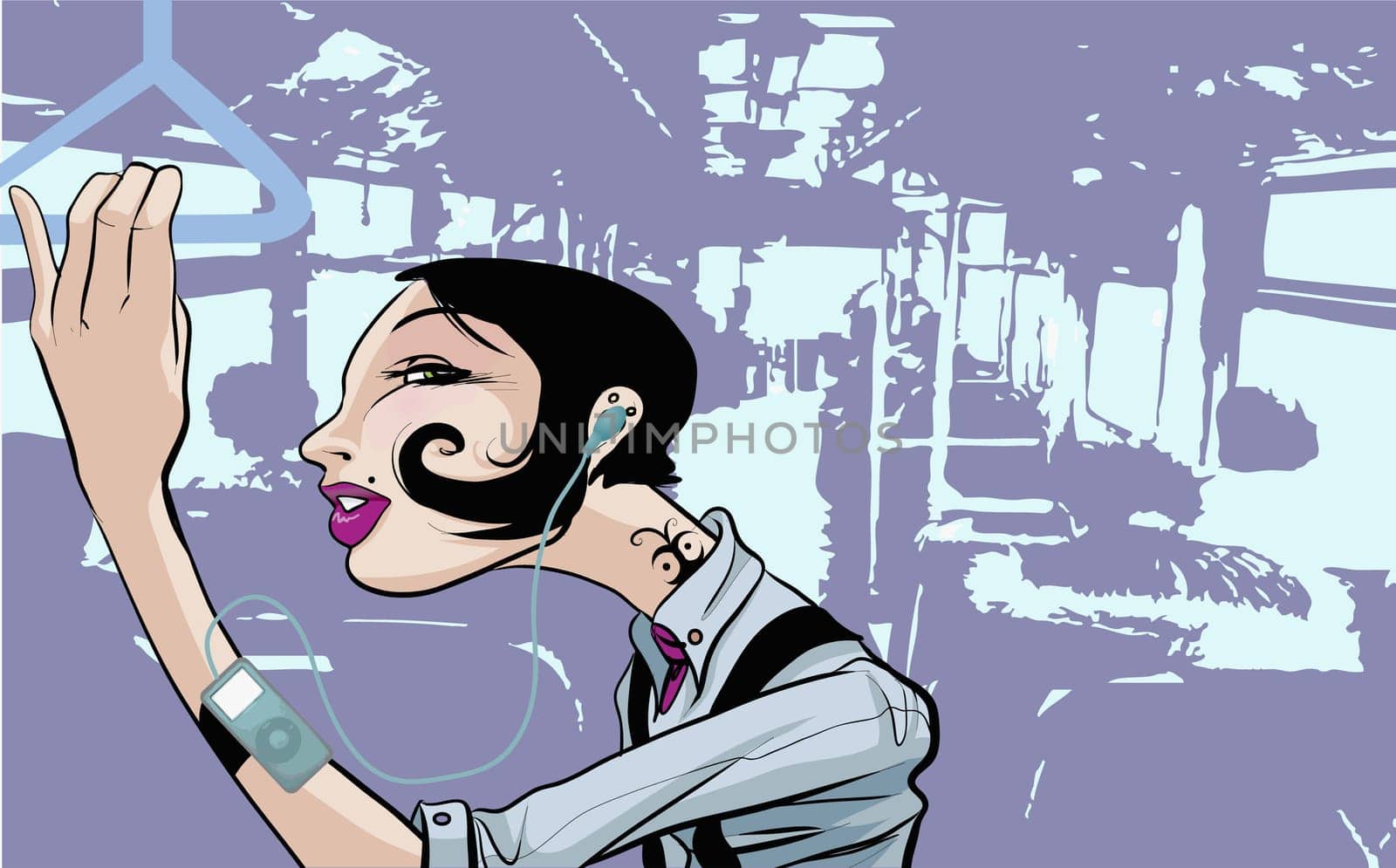 Woman listening to an MP3 player on train