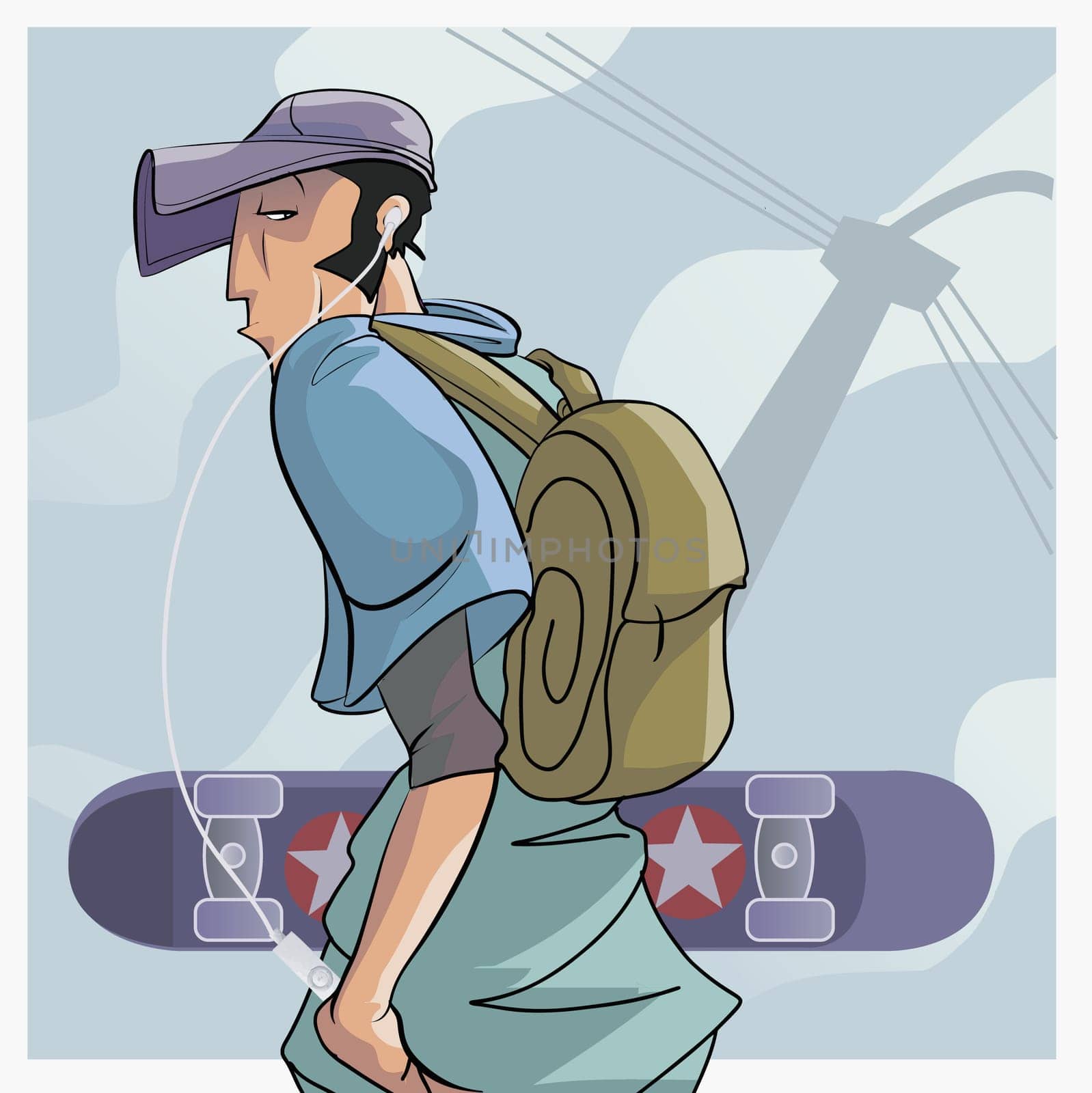 Boy carrying a skateboard and listening to music