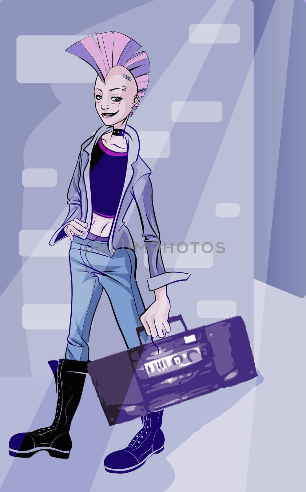 Woman walking with a stereo in her hand