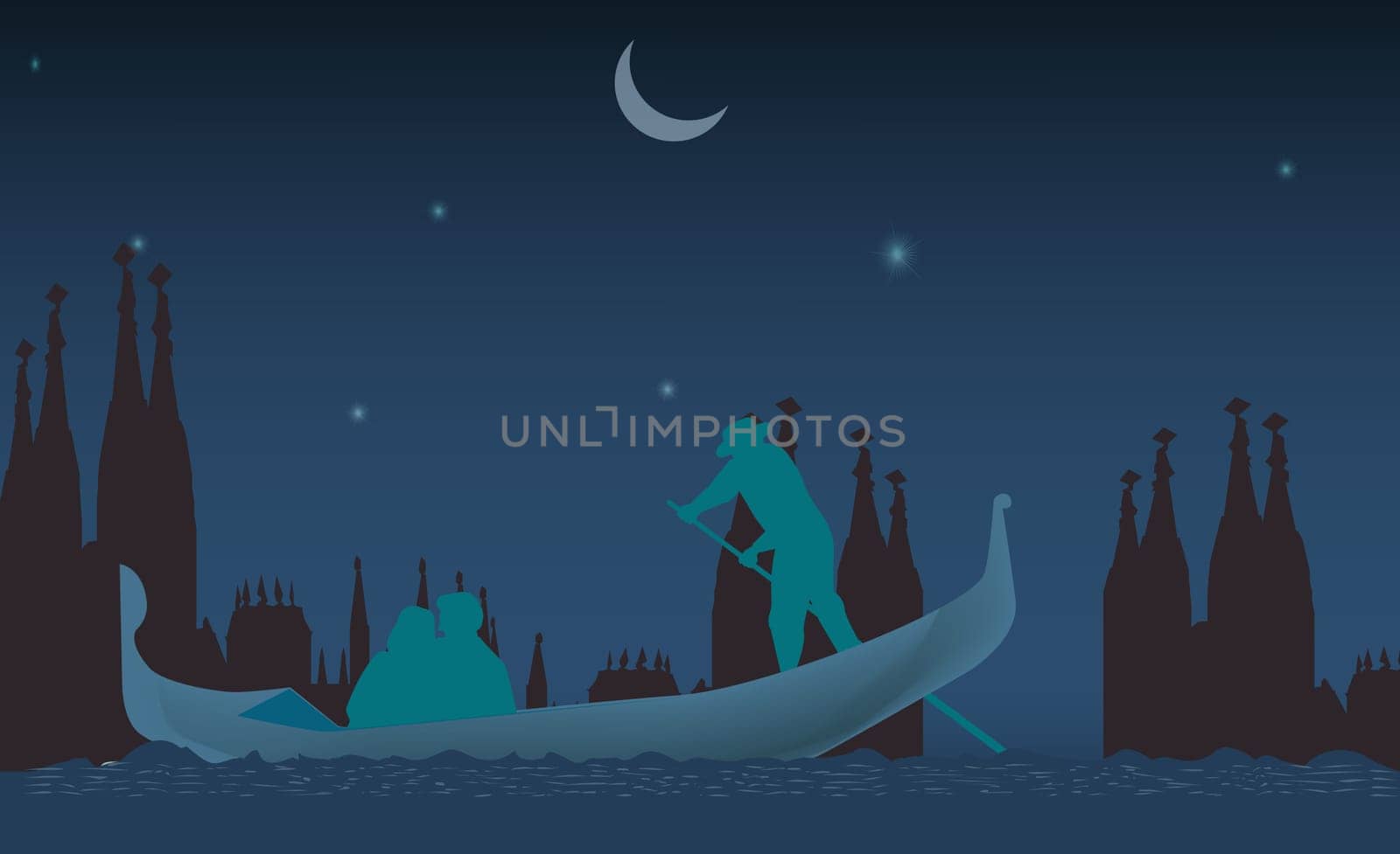 Silhouette of three people on a gondola at night