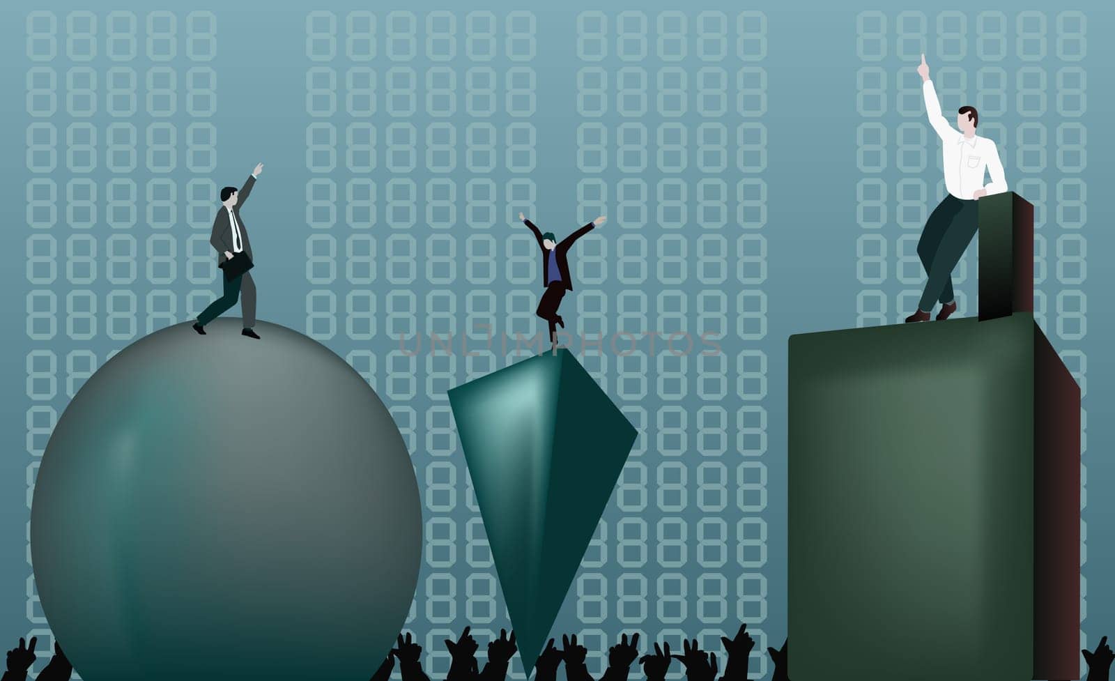 Businessmen standing on geometric shapes
