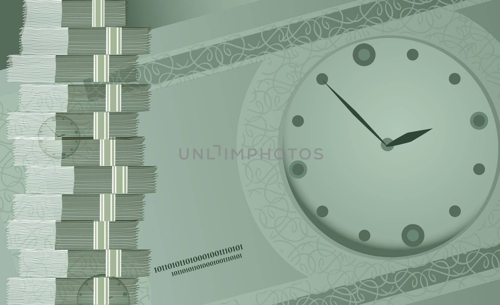 Stack of paper money beside a wall clock
