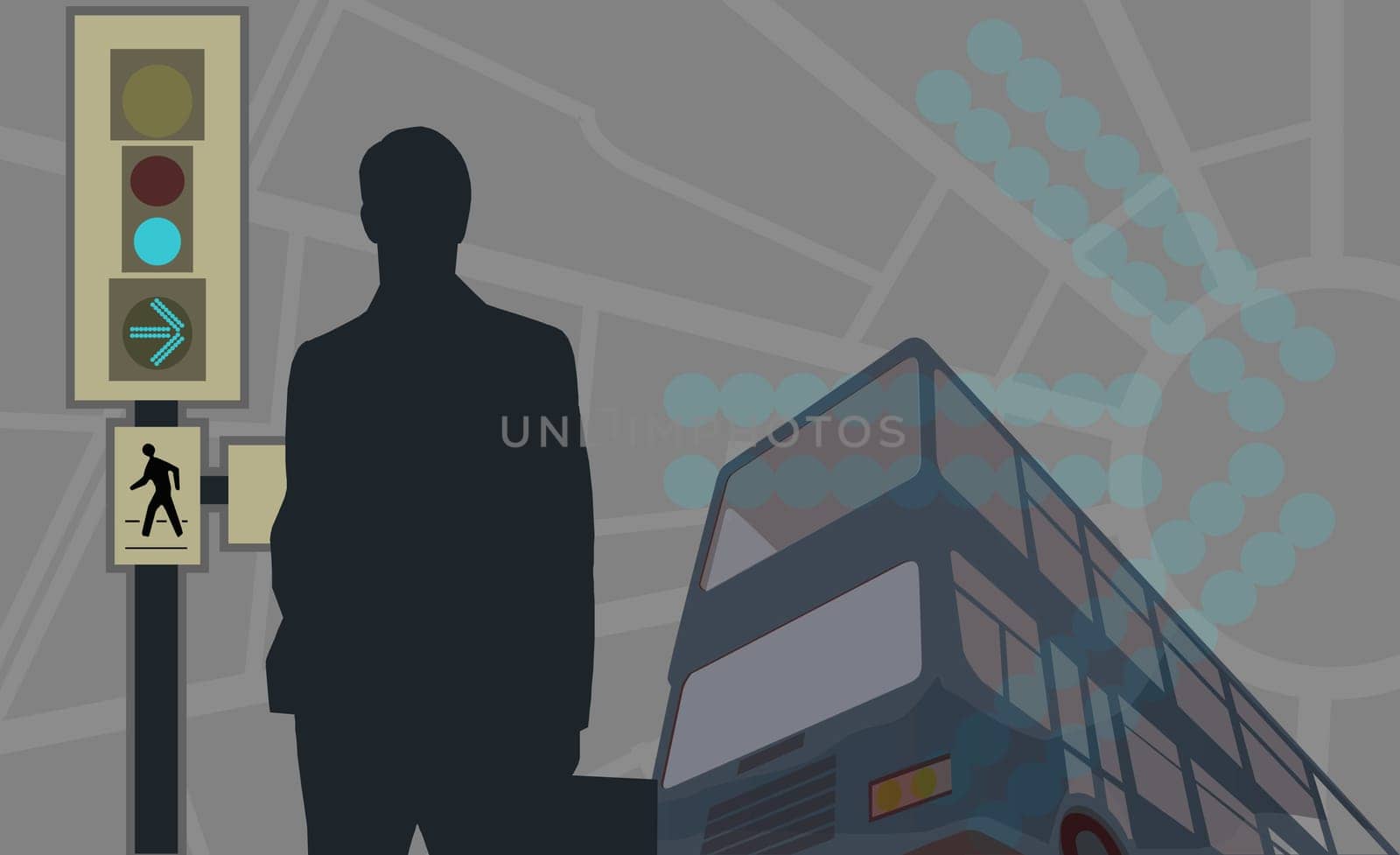 Silhouette of a man standing near a traffic light