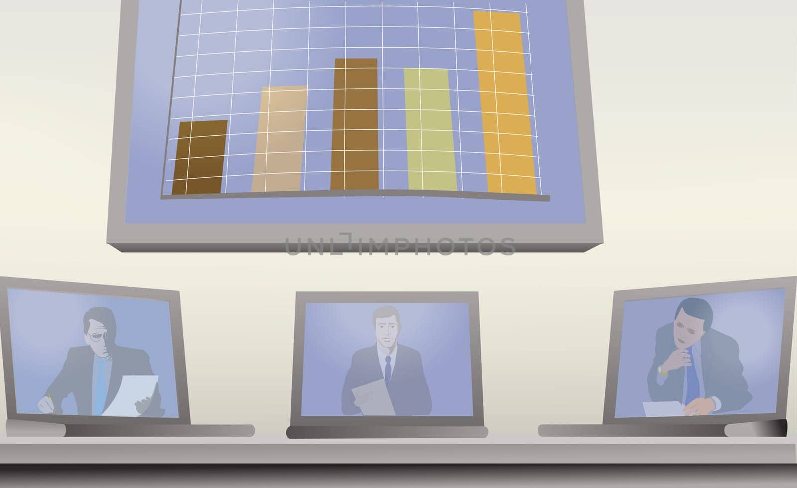 Three businessmen on laptop screens