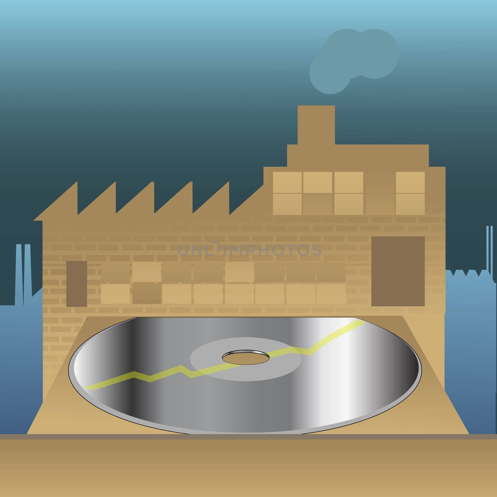 Close-up of a CD in front of a factory