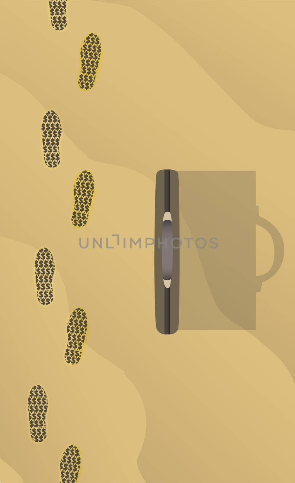 High angle view of footprints and a briefcase