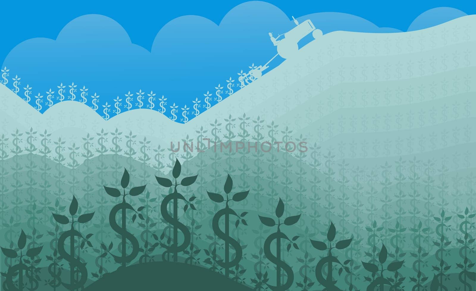Dollar signs growing in a field