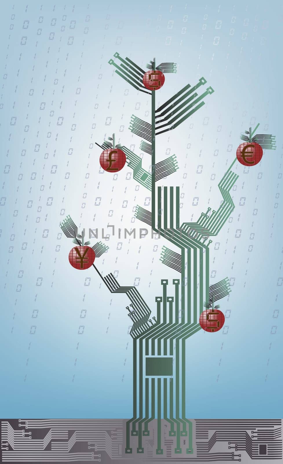 Currency symbols mounted on a computer chip