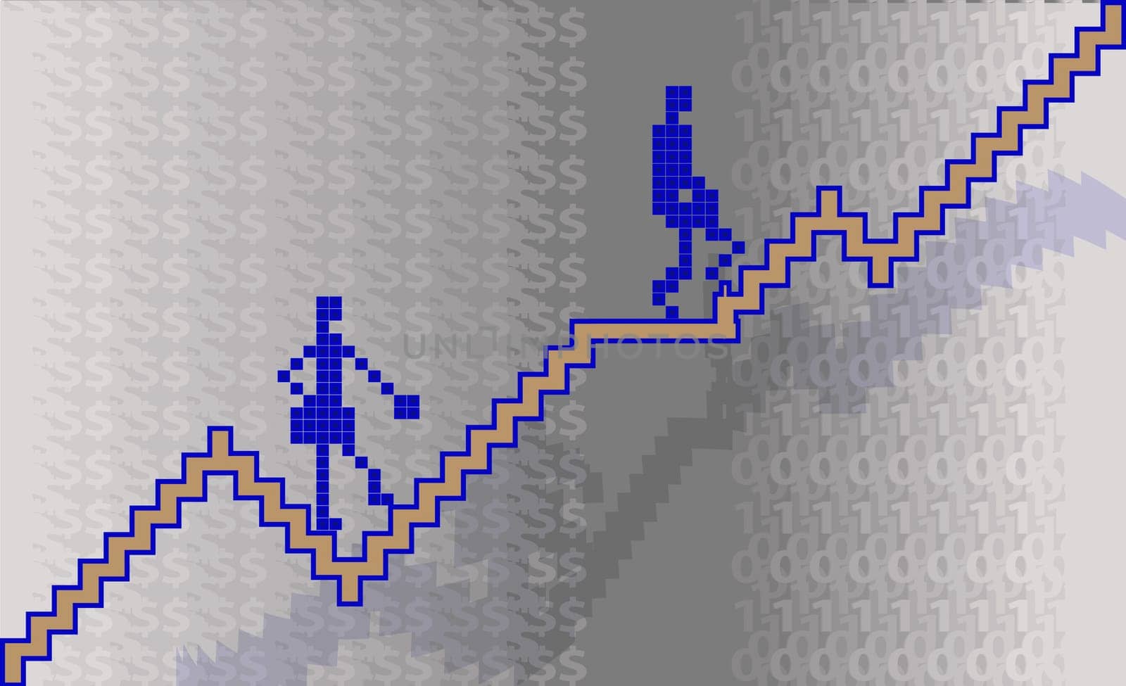 Two businesspeople climbing on graph line stairs