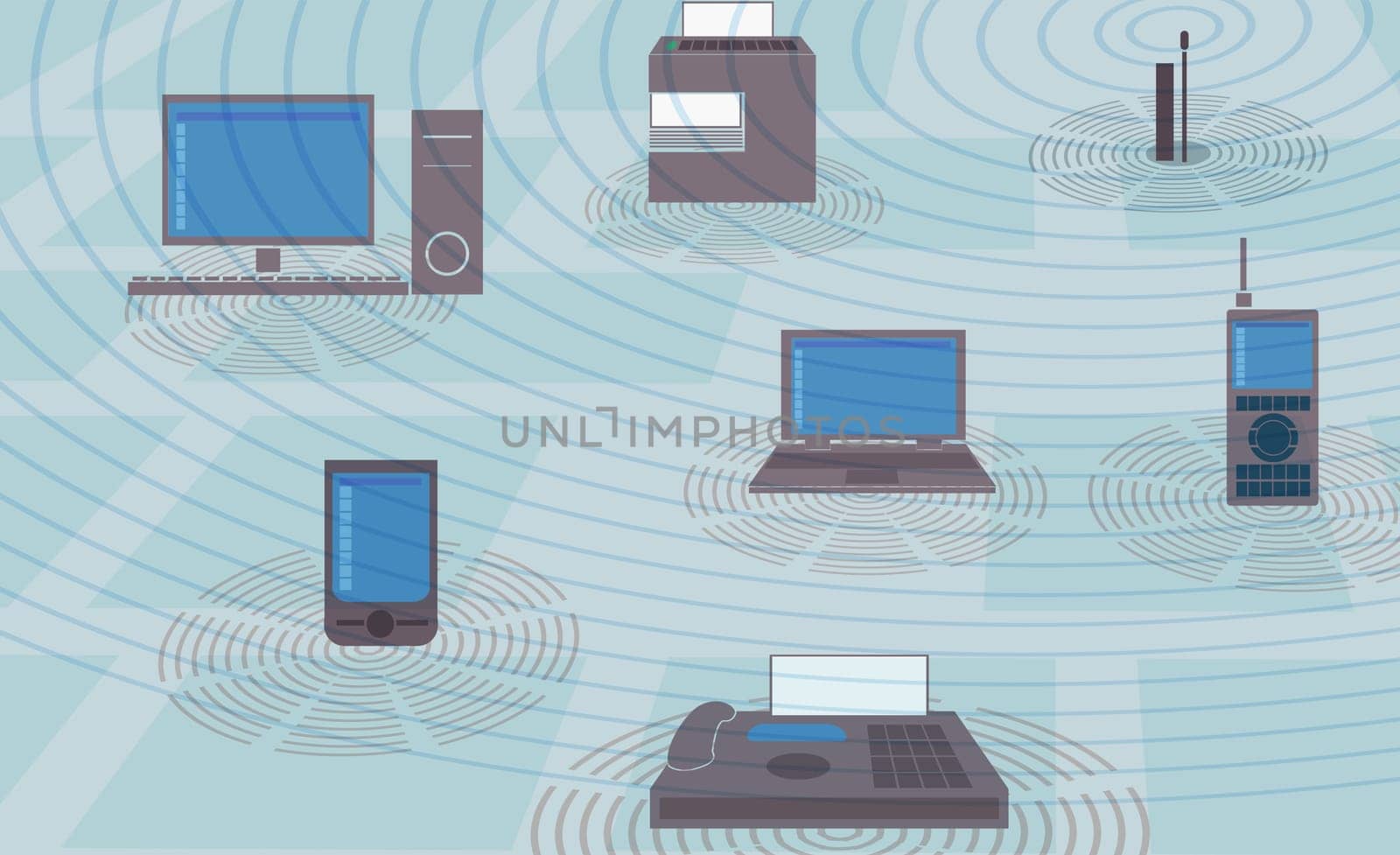 Laptop with a mobile phone and a fax machine