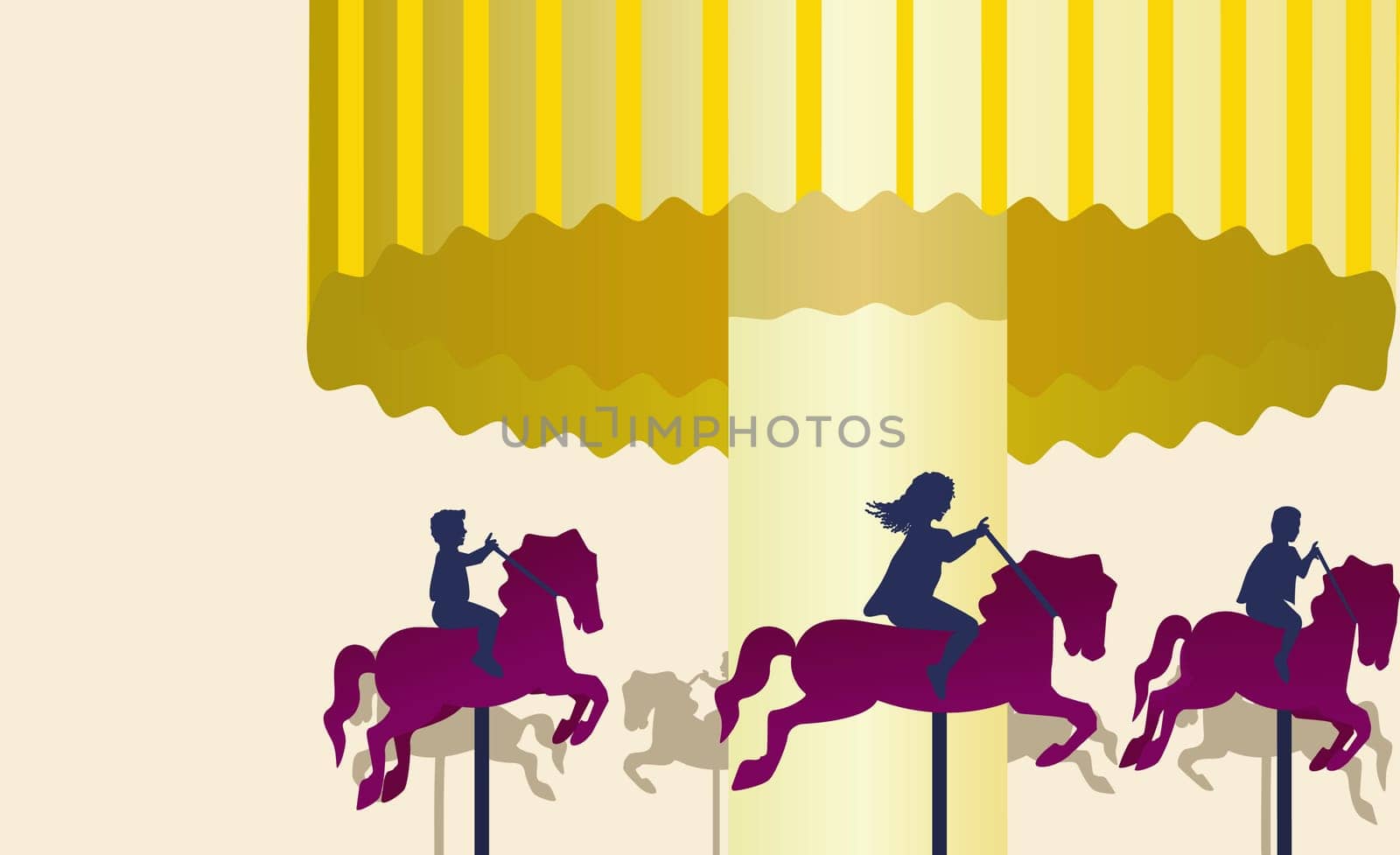 Three people riding on carousel horses