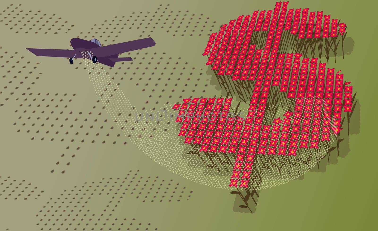 Airplane spraying fertilizer on a dollar sign in a field
