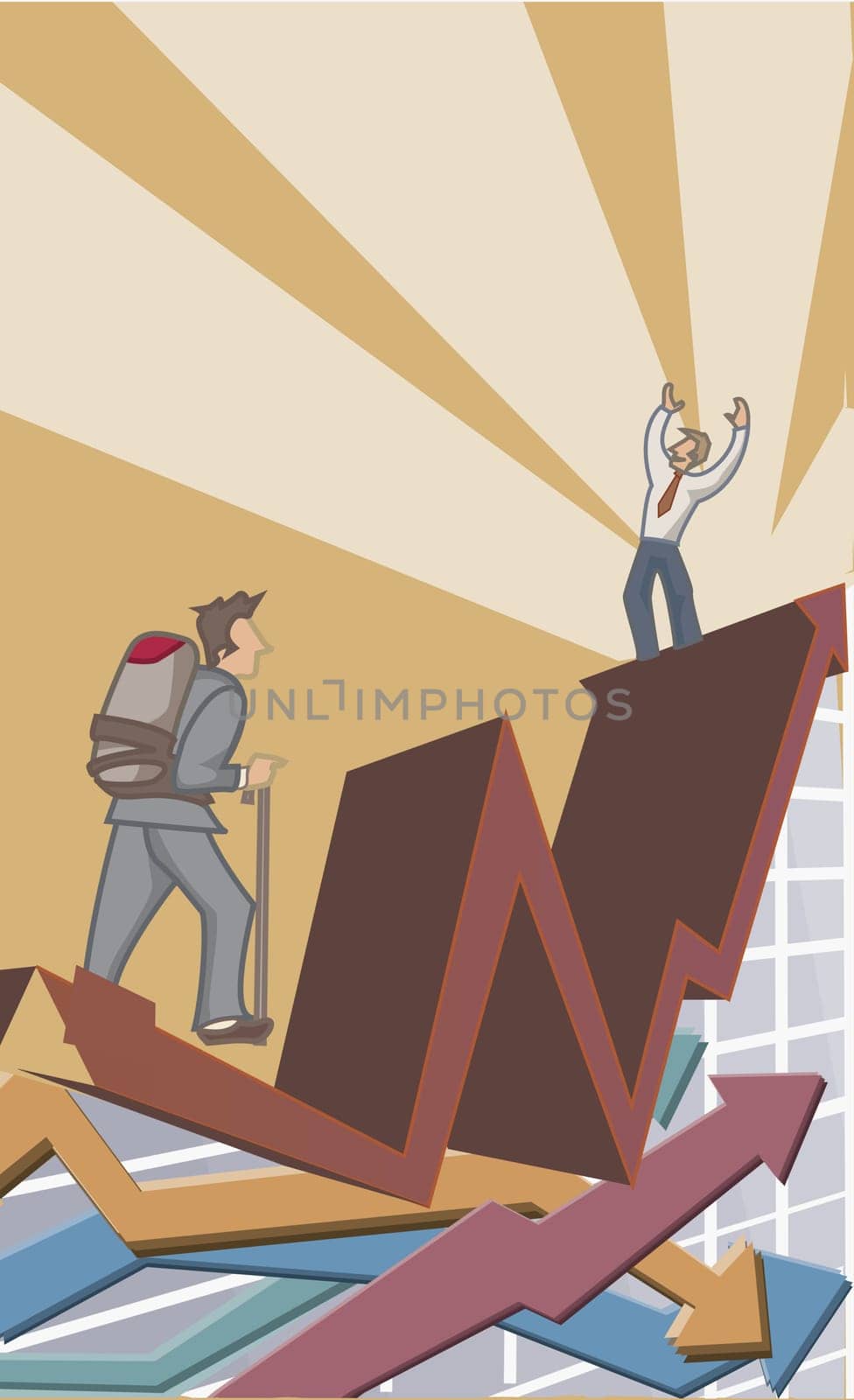 Two businessmen climbing up a line graph