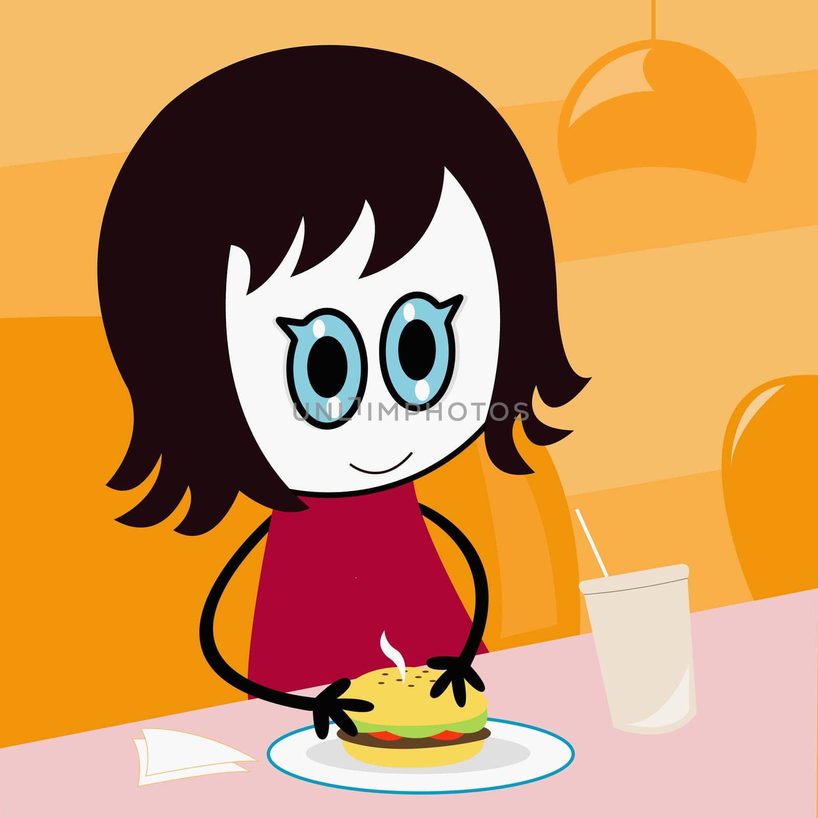Girl sitting at the table with her hands on a burger