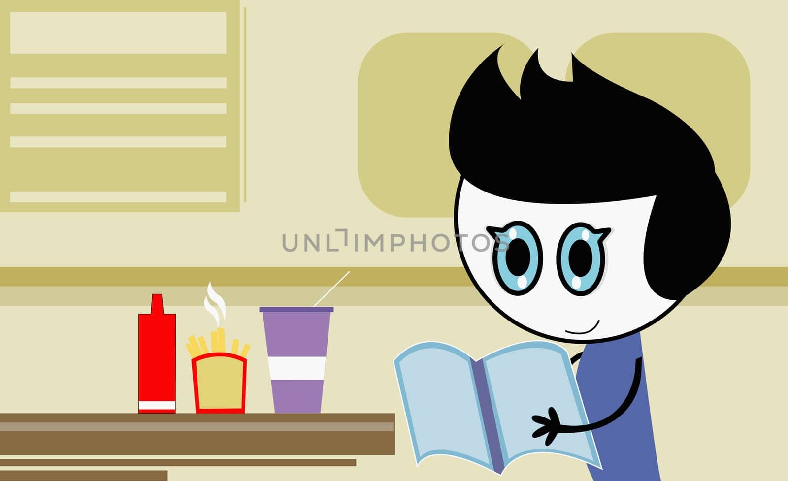 Boy reading a book in front of a table
