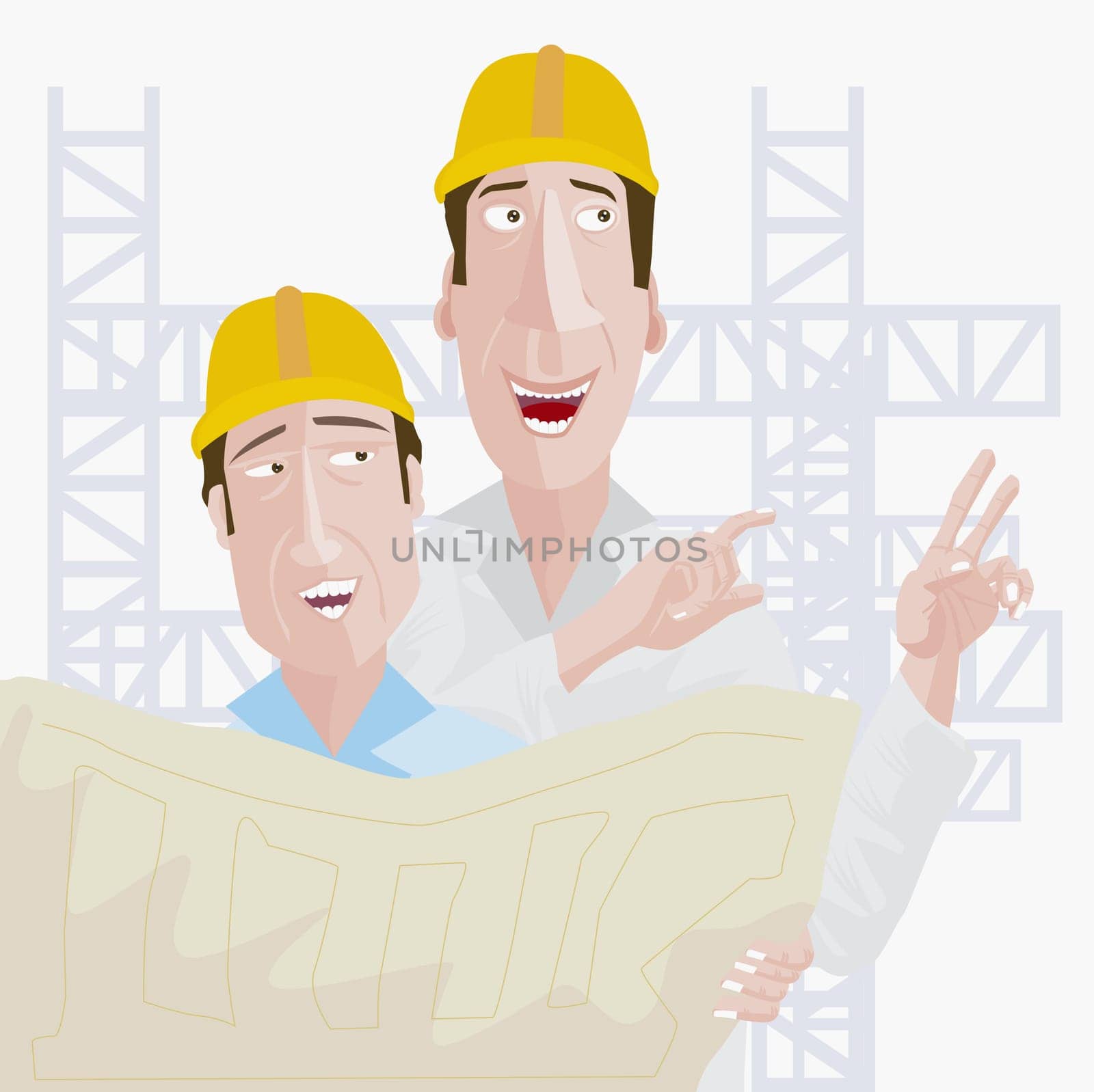 Two construction workers holding a blueprint