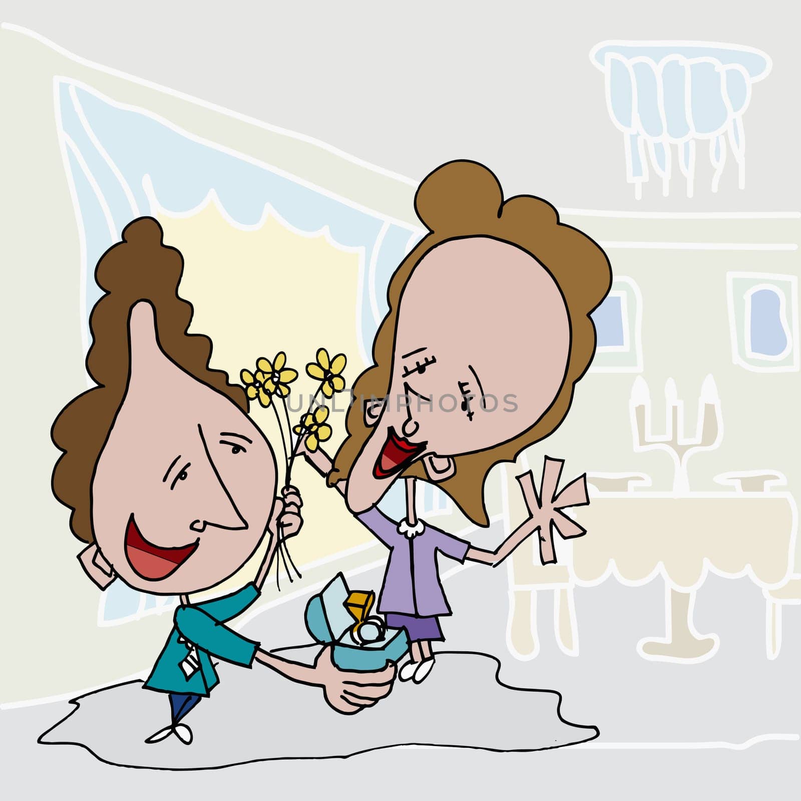 Man giving flowers and a diamond ring to a woman