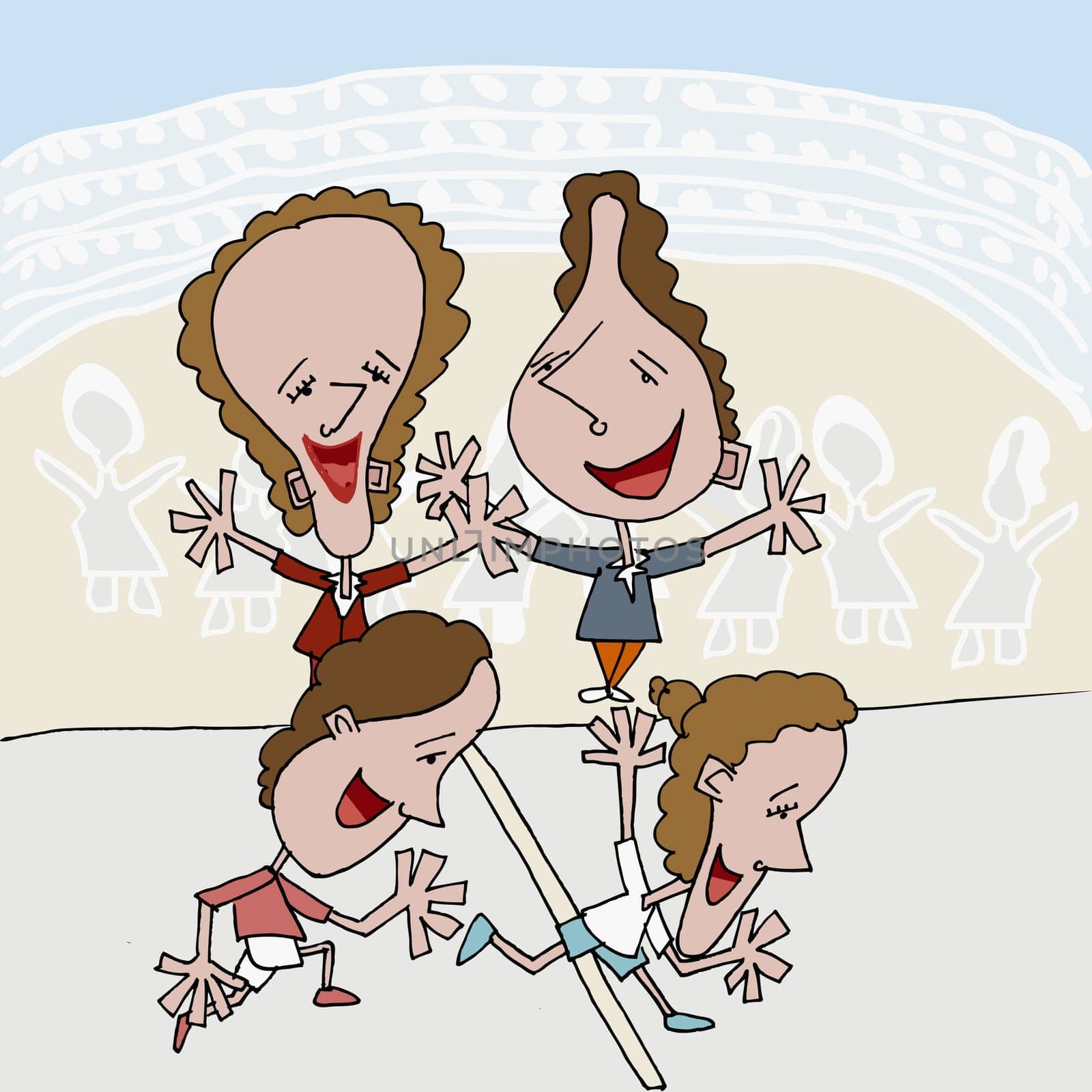 Two men running on a track with two women cheering them