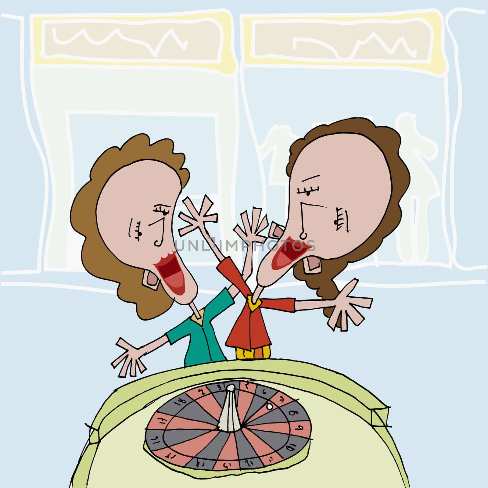 Two women standing near a roulette wheel
