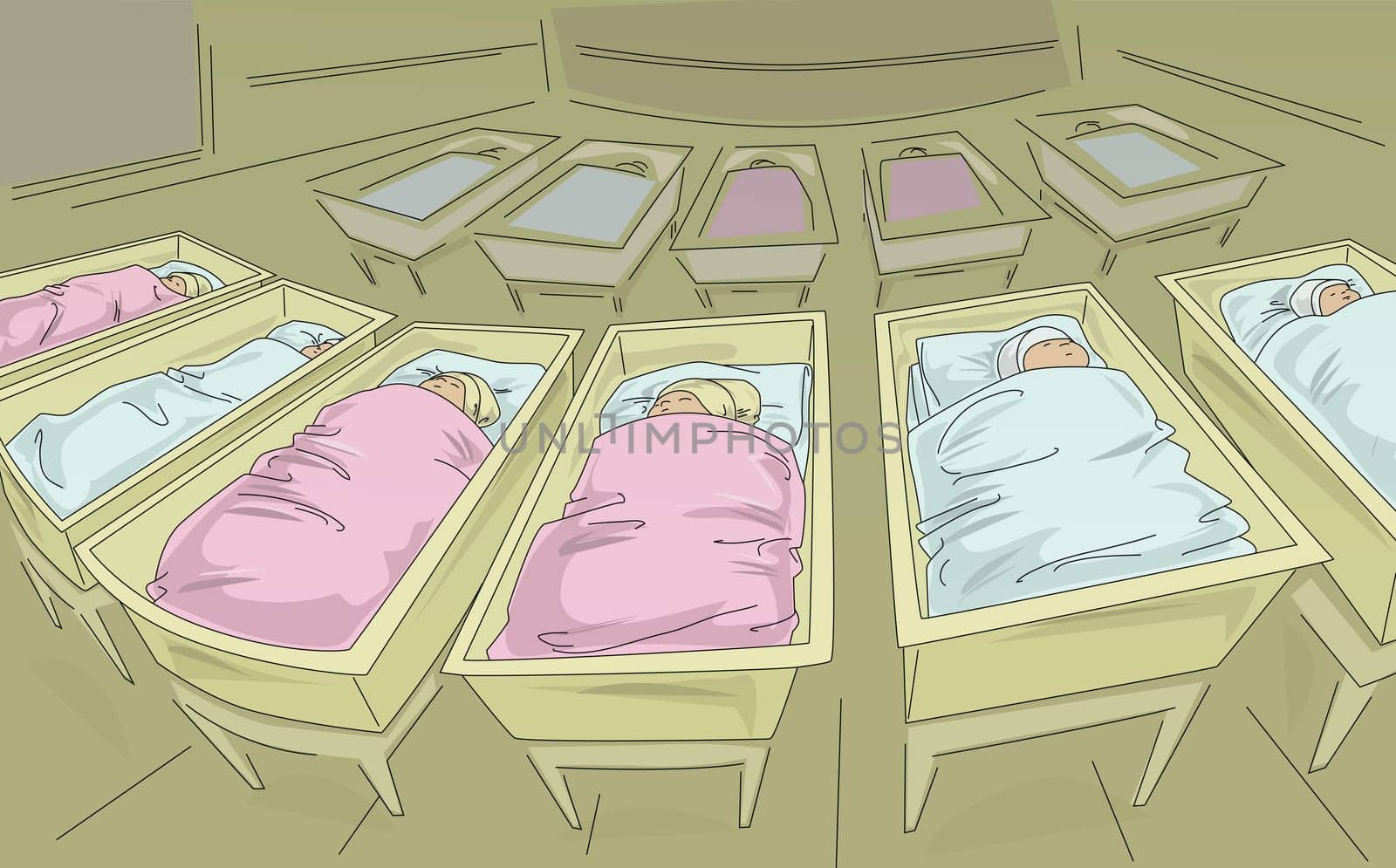 Newborn babies sleeping in cribs in a hospital nursery