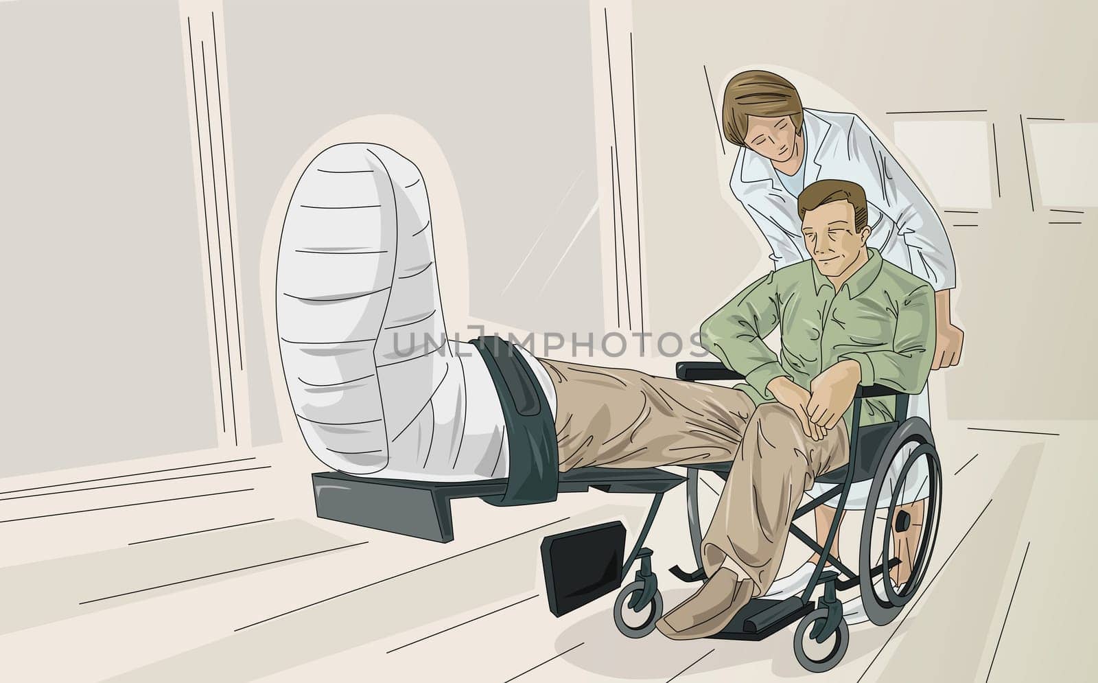 Nurse pushing patient with broken leg in wheelchair