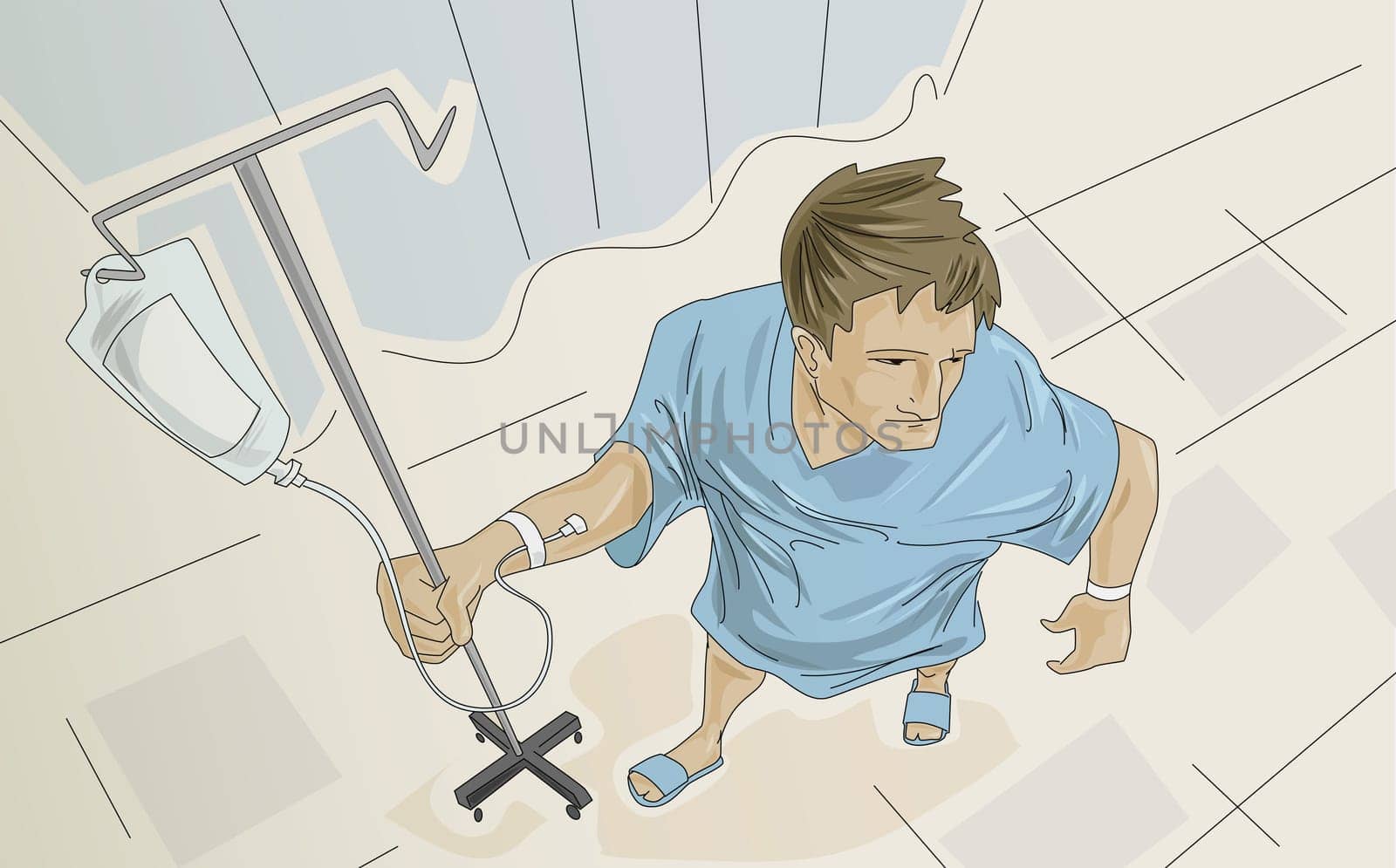 Male patient holding an iv drip stand