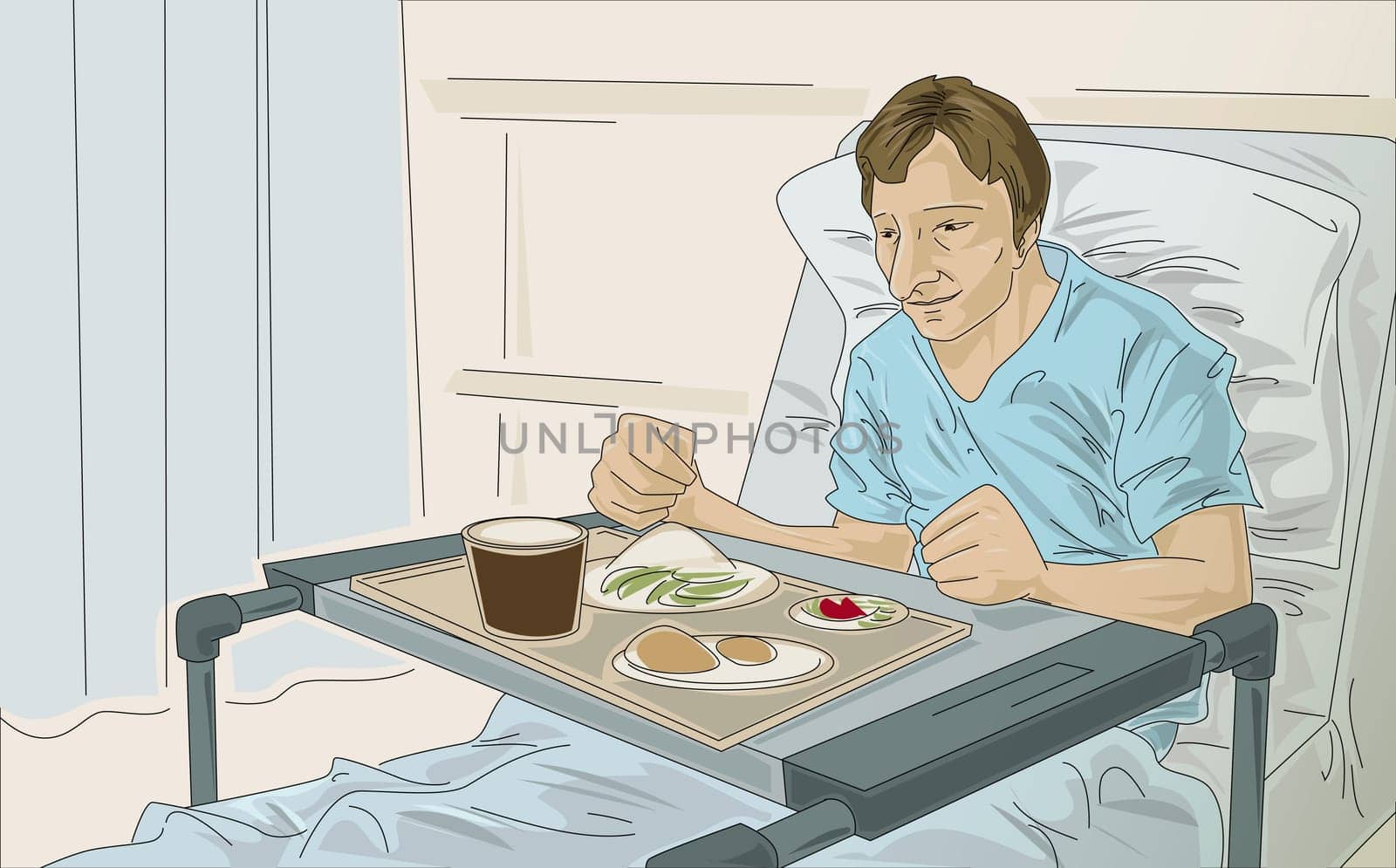 Male patient in a hospital bed with food in front of him