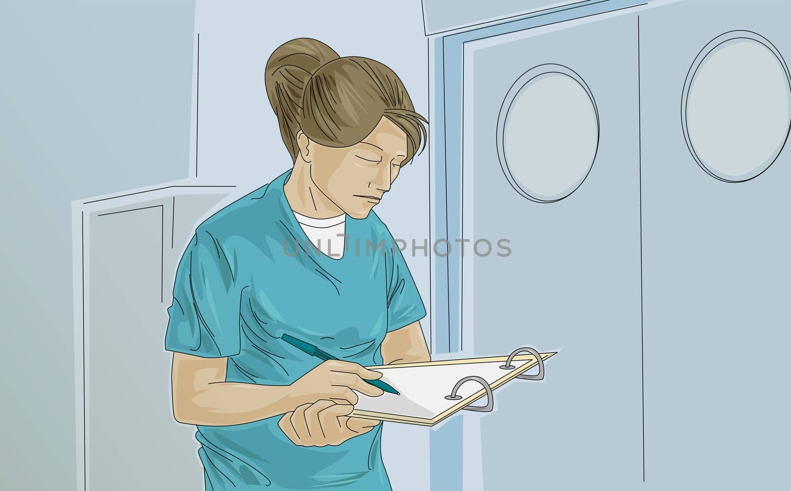 Female nurse writing on a clipboard