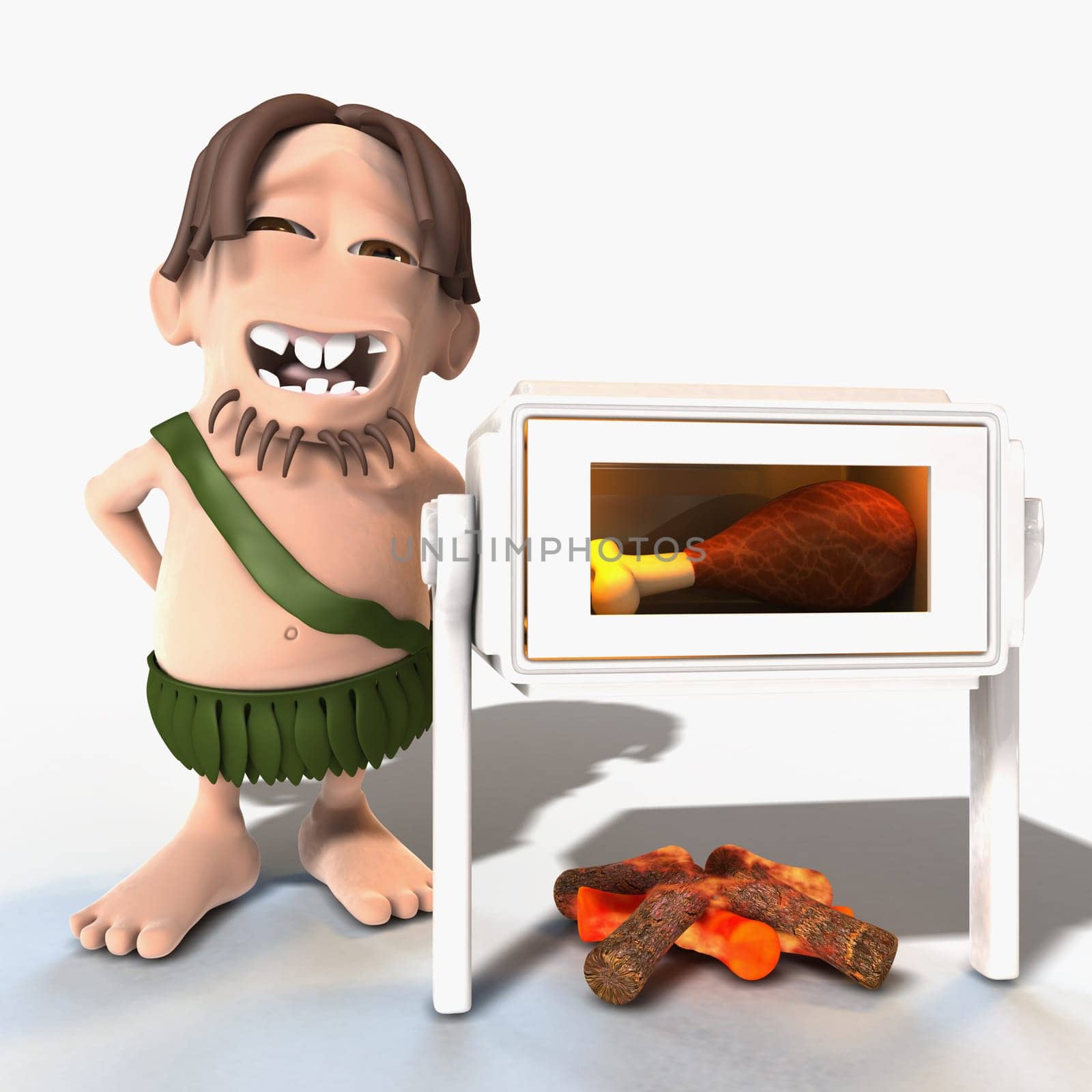 Man cooking a drumstick in microwave with a fire under it