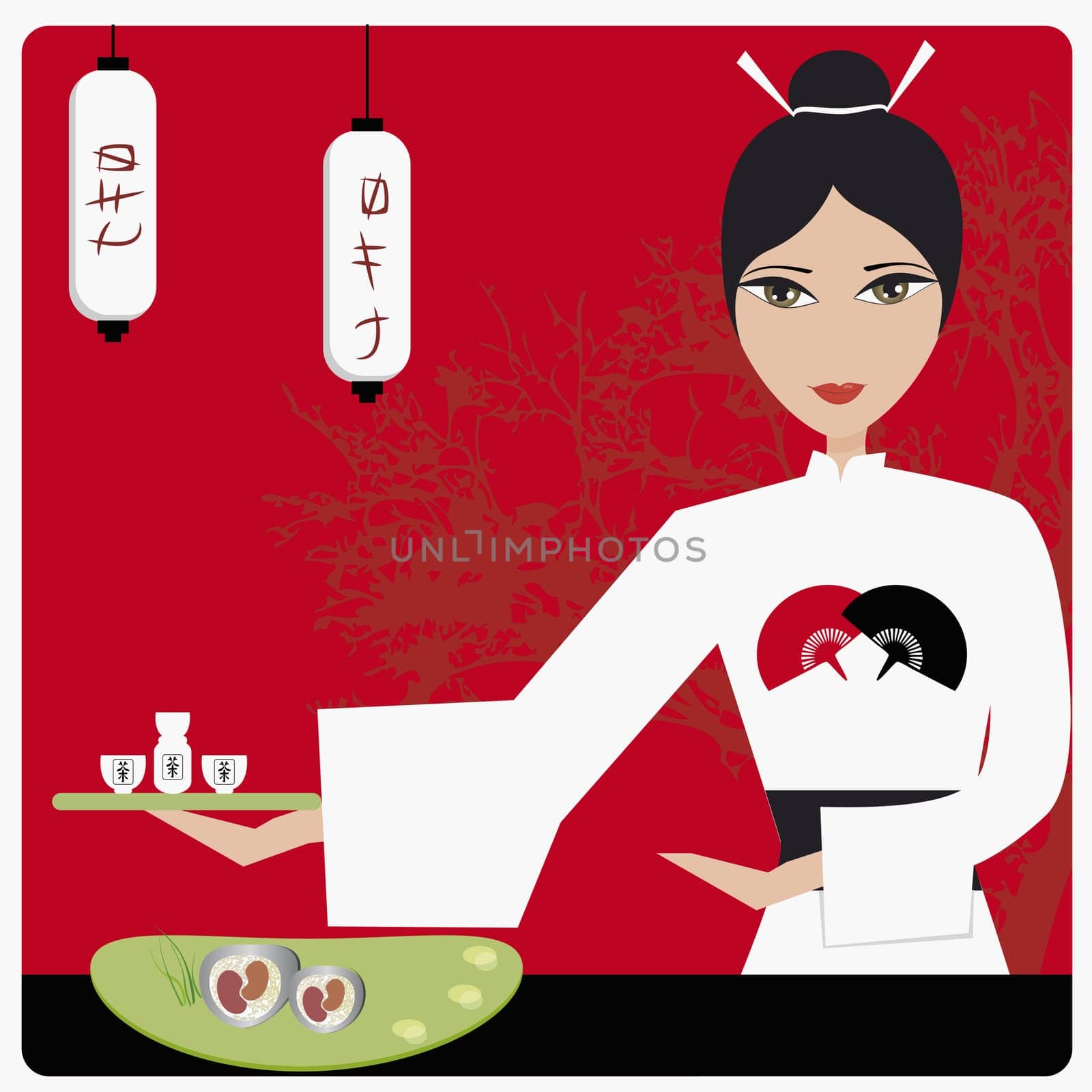Young woman holding tea cups on a tray