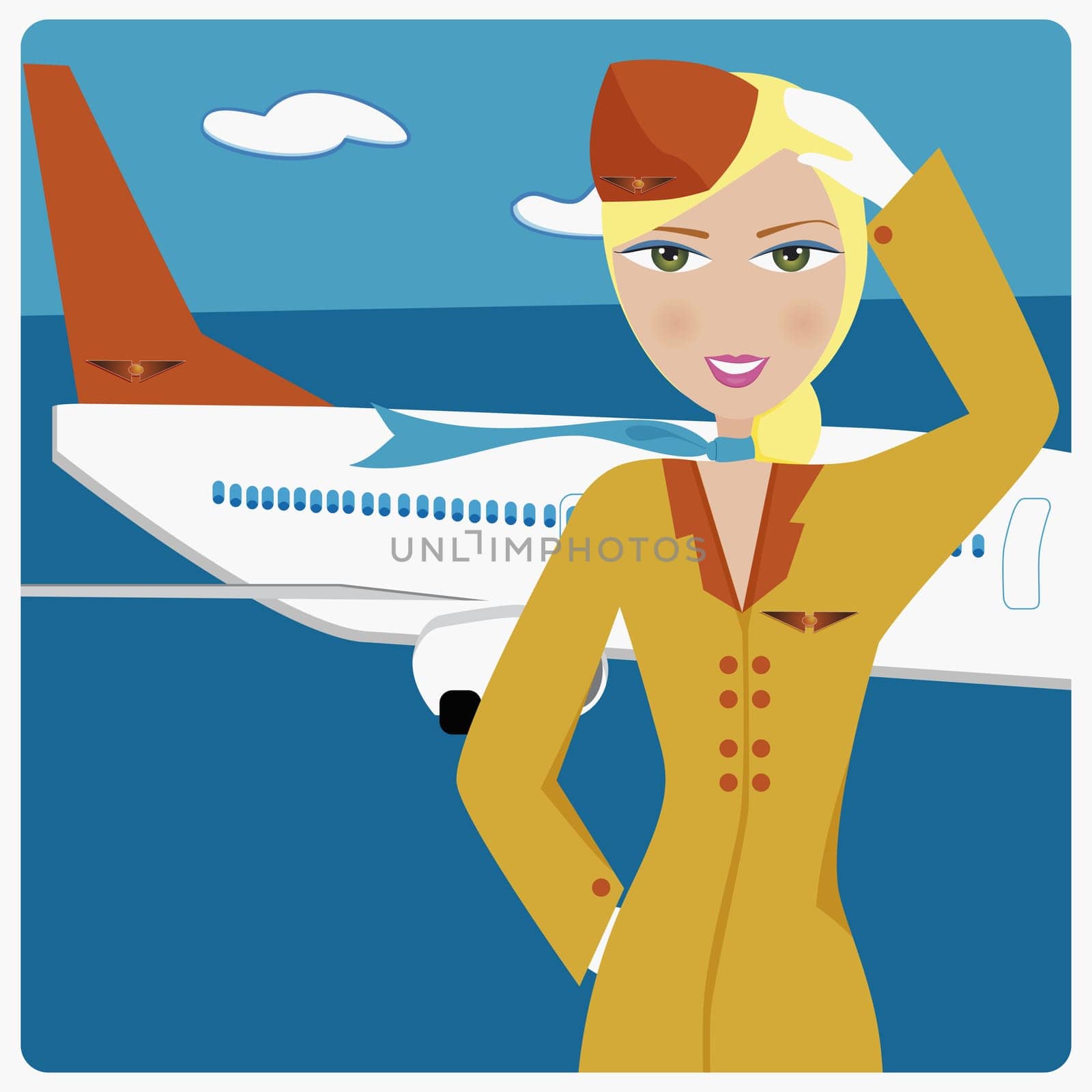 Air hostess standing in front of an airplane