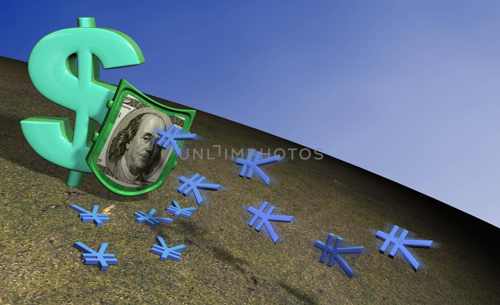 Close-up of yen signs flying towards a dollar sign