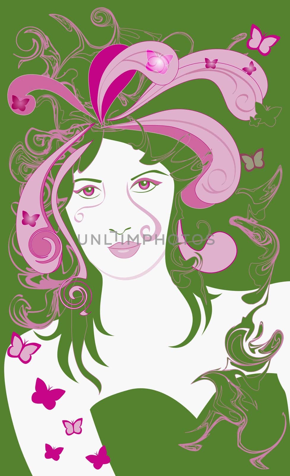 Portrait of a woman with butterflies around her