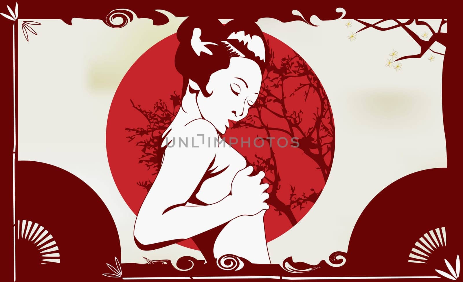 Side profile of a naked woman covering her breasts