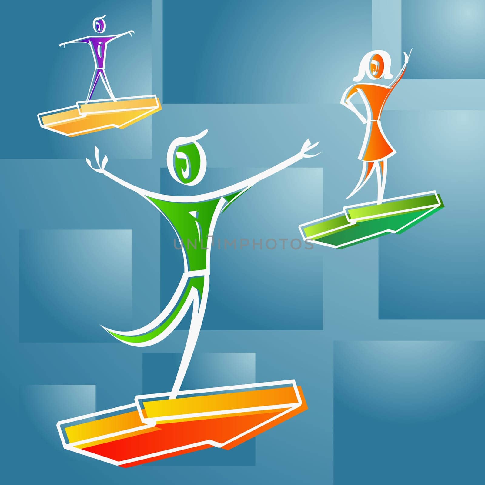 Three people standing on arrow signs