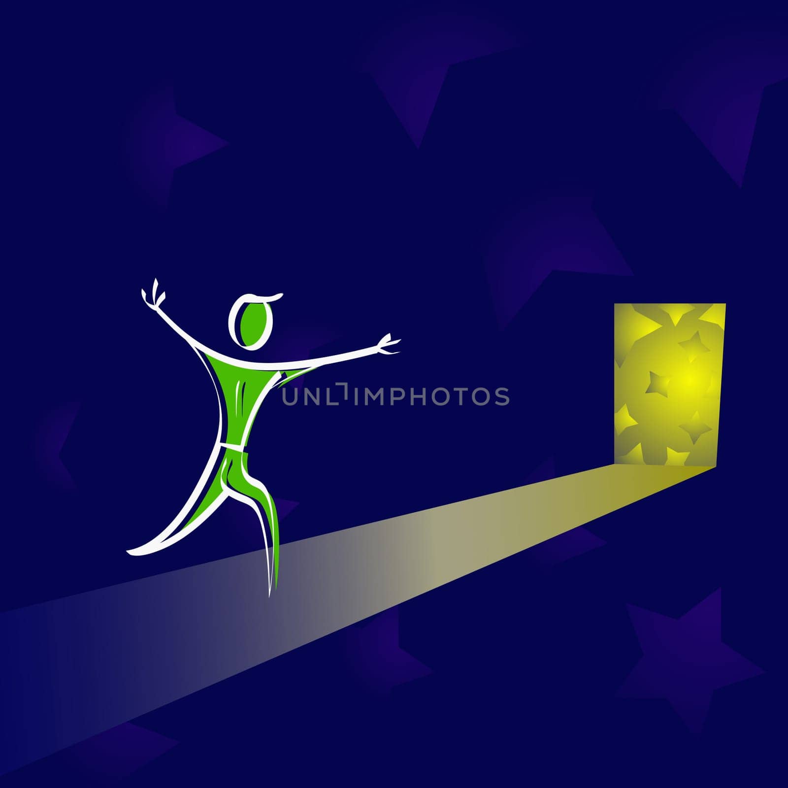 Man running with his arms outstretched towards an open door
