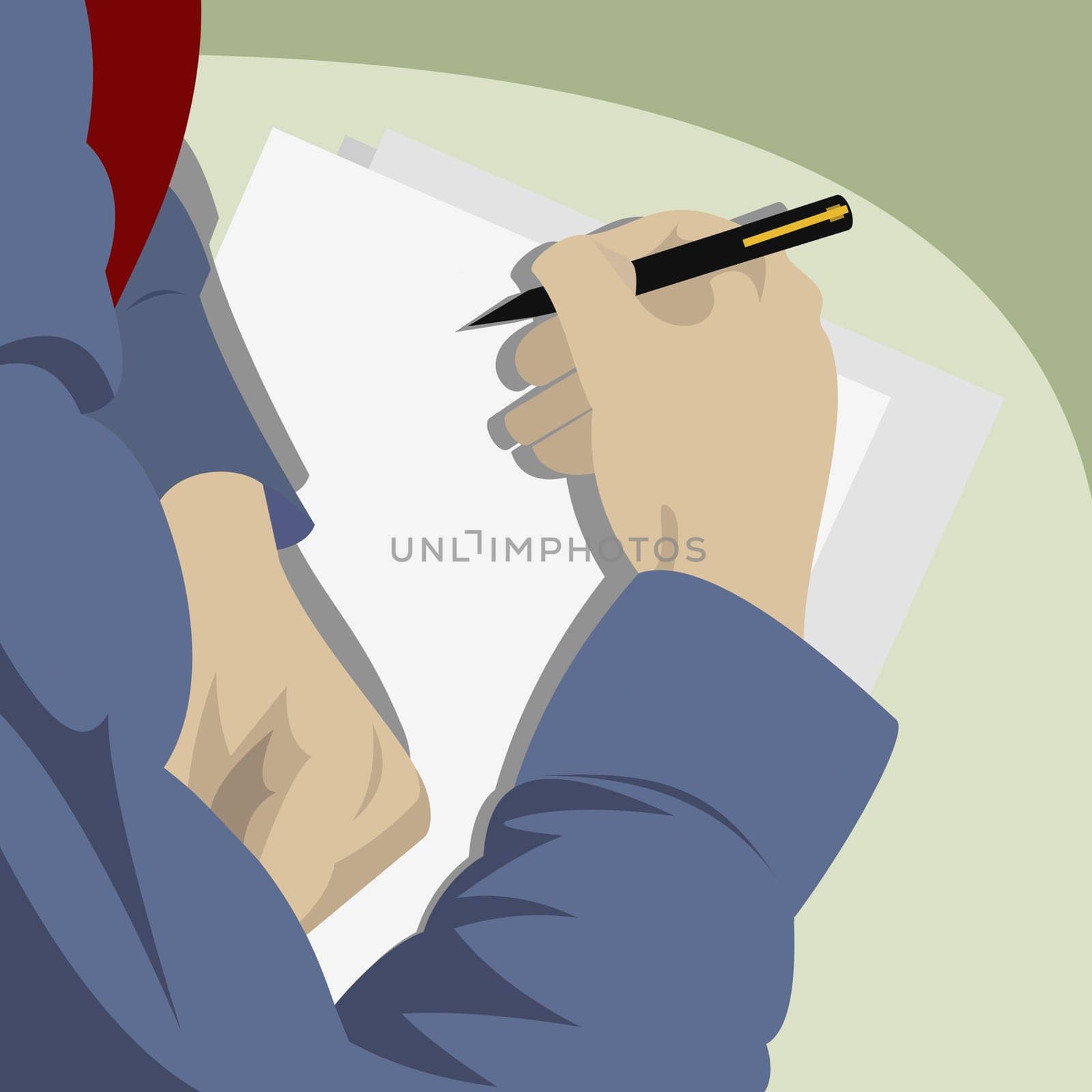 High angle view of a businessman writing on paper