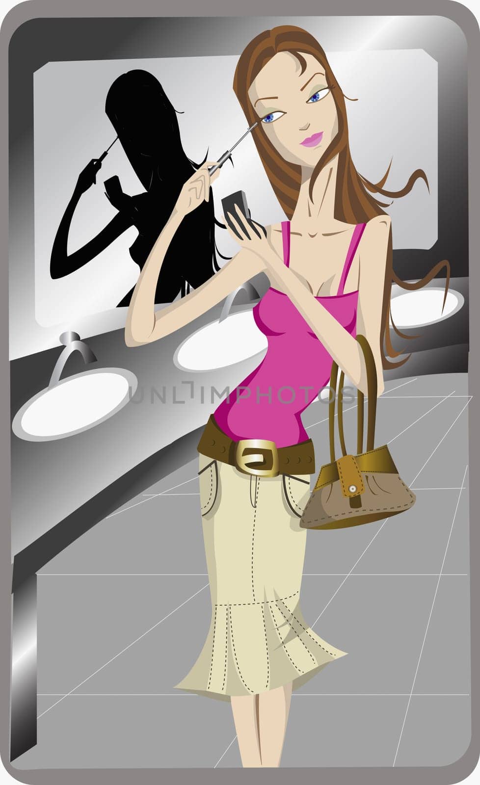 Young woman applying eyeliner in a public bathroom