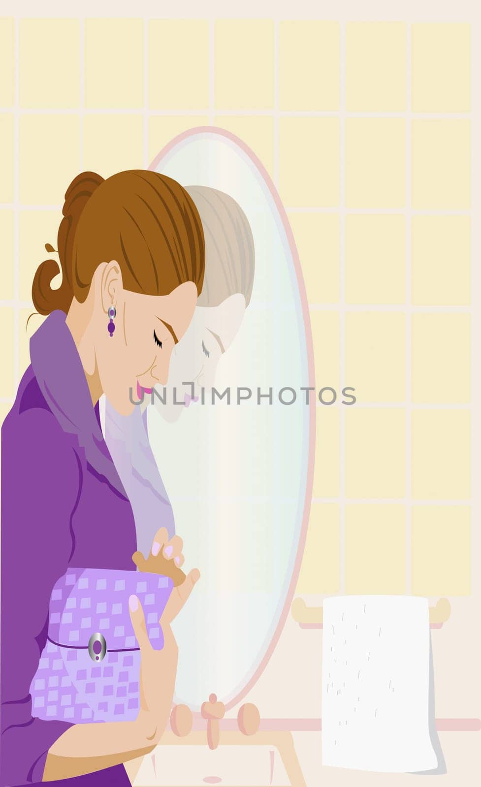 Young woman entering a bathroom with her purse