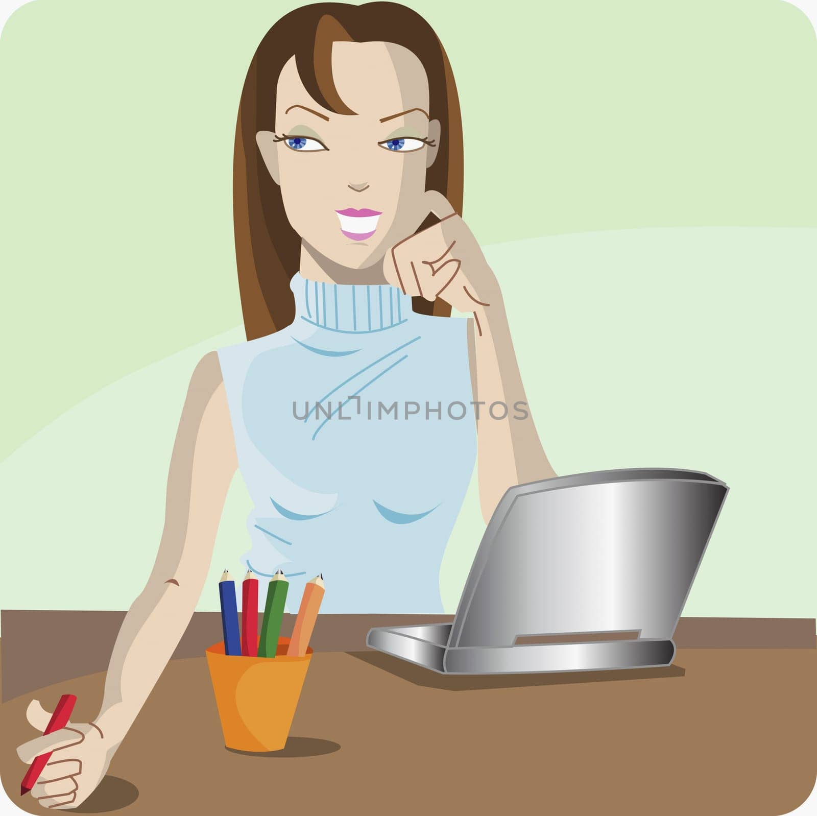 Woman holding a colored pencil and sitting with a laptop
