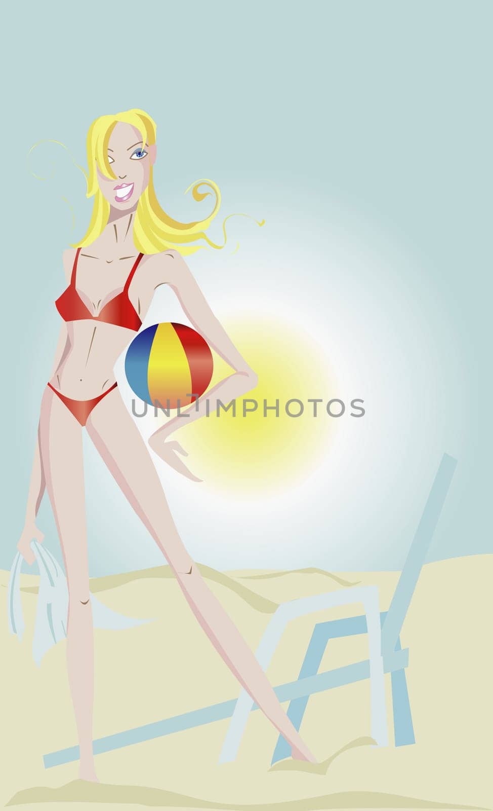Young woman holding a ball on the beach