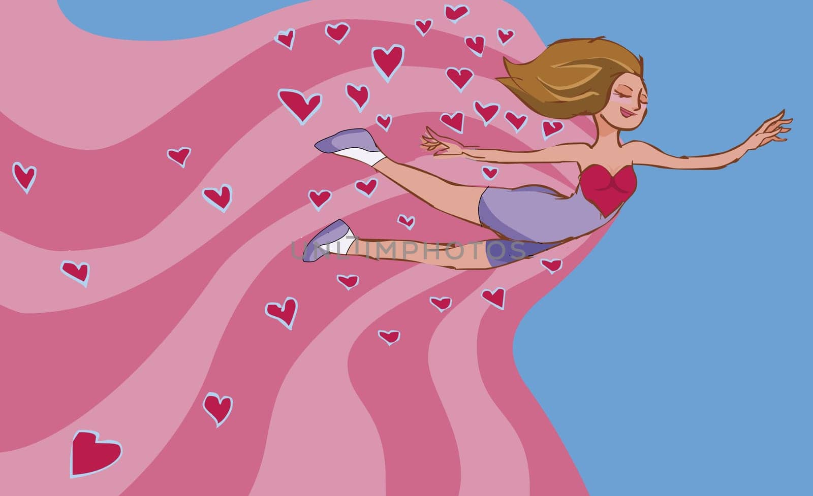 Young woman flying in mid-air with hearts behind her