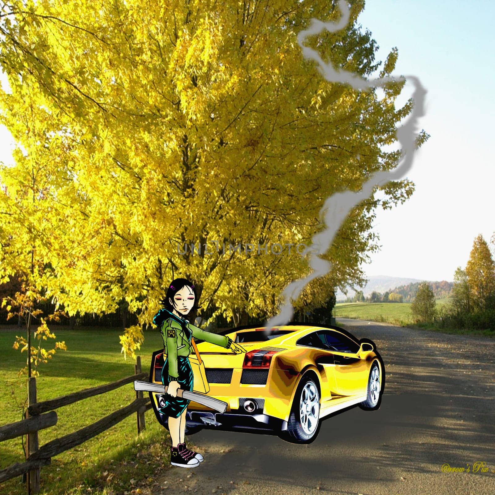 Girl pointing at a car emitting smoke