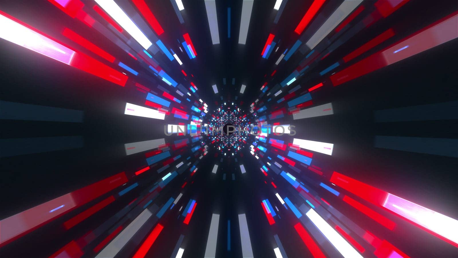Tunnel with glowing cubes and rays, computer generated. 3d rendering abstract backdrop. Flight inside corridor