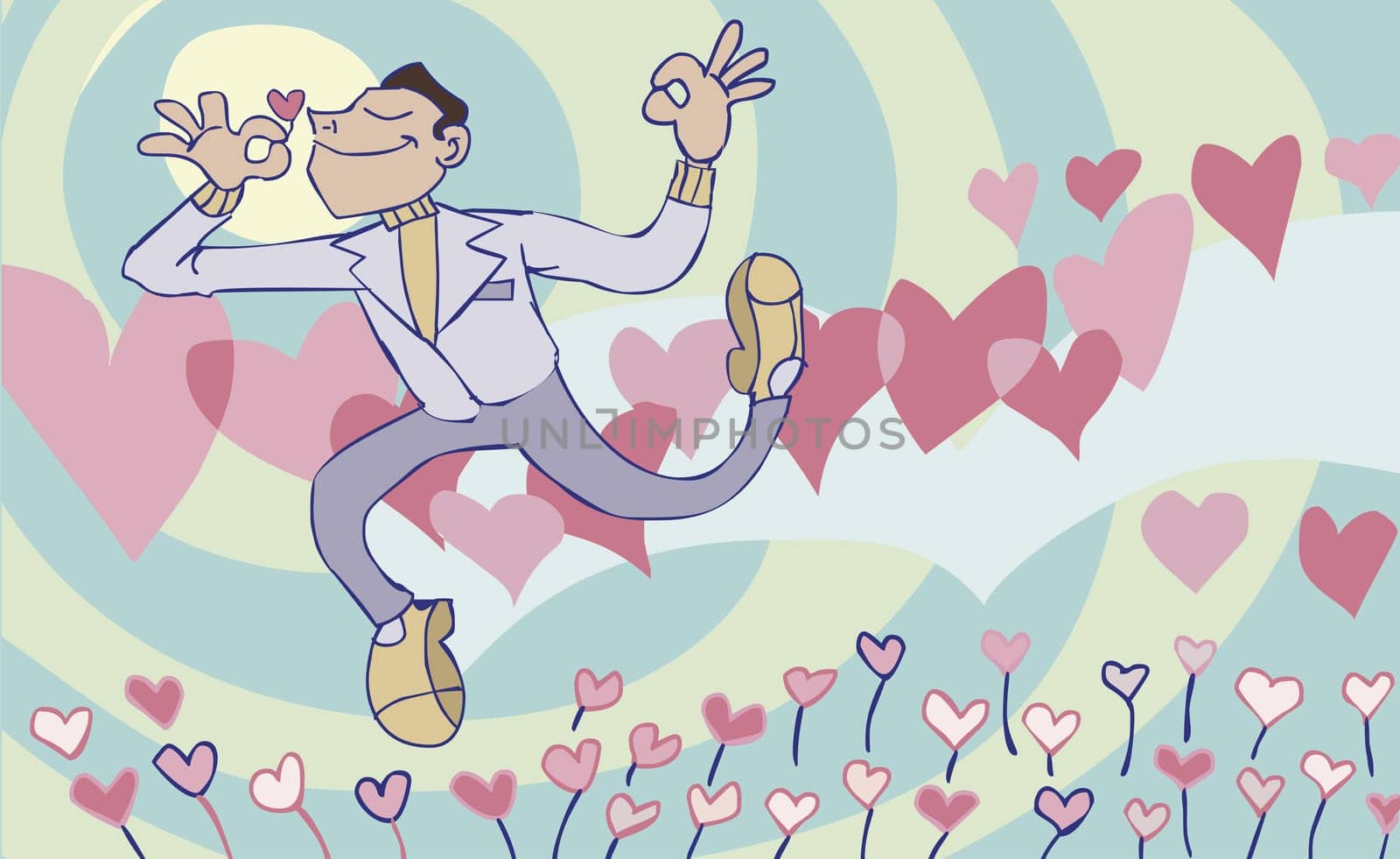 Young man walking on air and smelling a flower