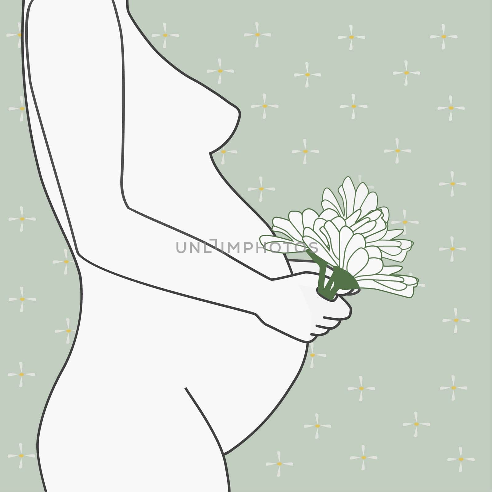 Naked pregnant woman holding a bunch of flowers