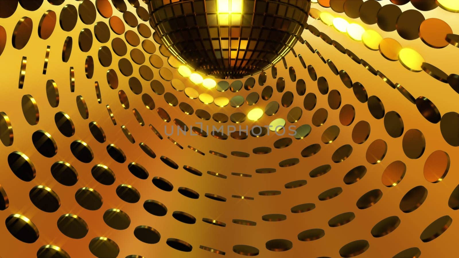 Sparkling disco ball and many shine golden coins, computer generated. 3d rendering festive backdrop