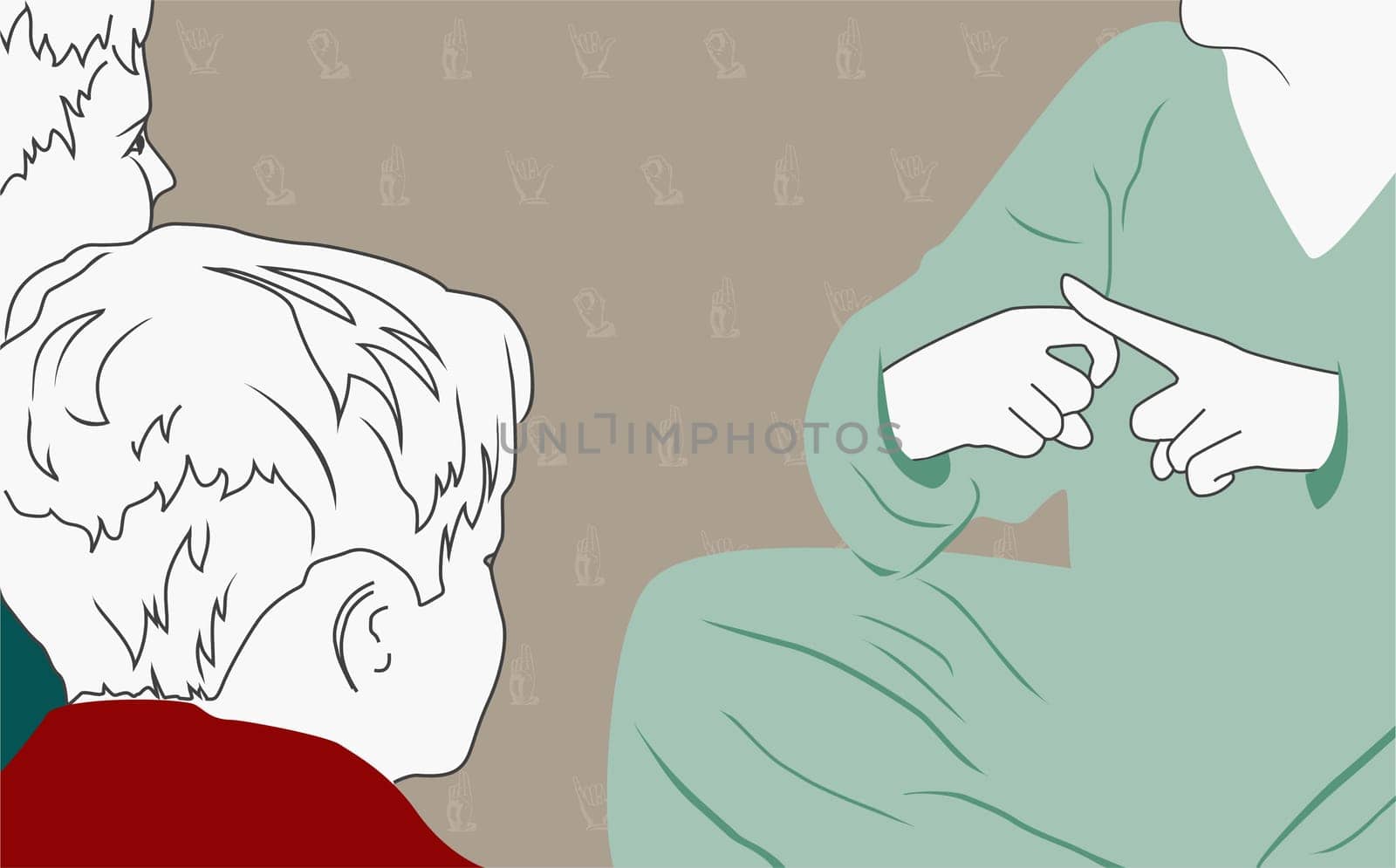 Person teaching sign language to two boys